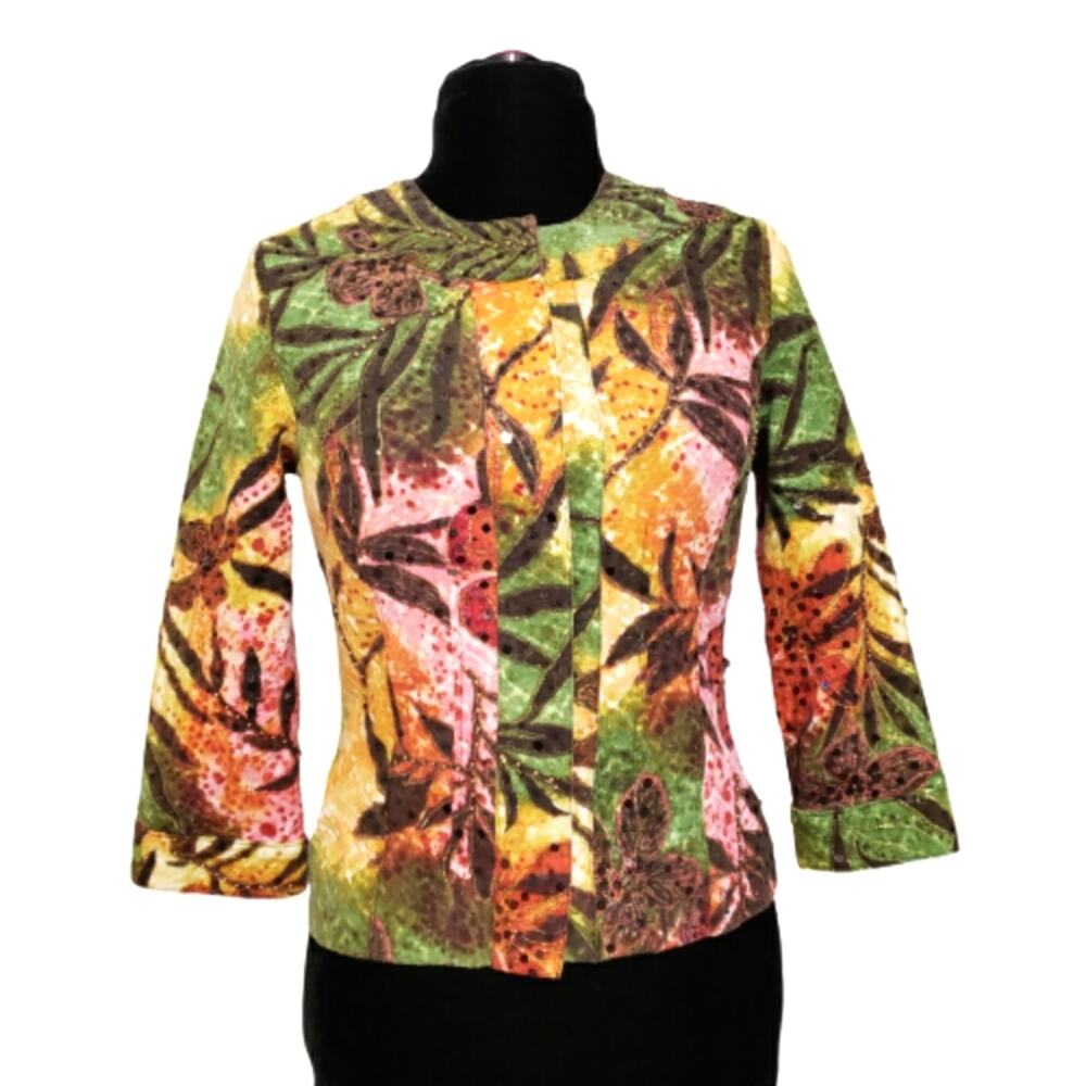 Chico's Floral Sequin Bling Snap Front Career Blazer Suit Jacket Small Bloomcore
